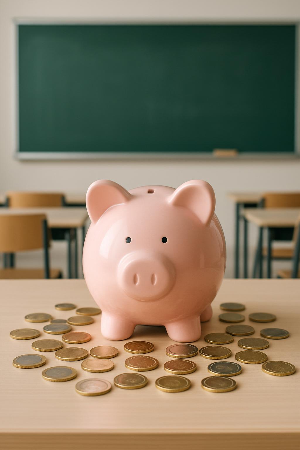 This image shows a piggy bank on a school desk covered in money. Obi een van de verandepatronen die te maken hebben met he...