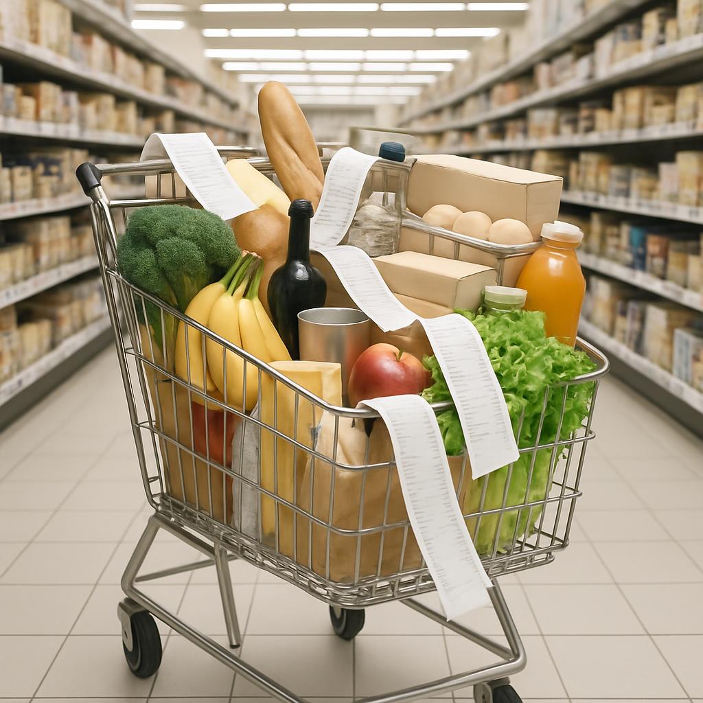 Hier is een wagentje met sleutelproducten op een winkeldoeleinde kortweg: boodschappenkar met levensmiddelen.